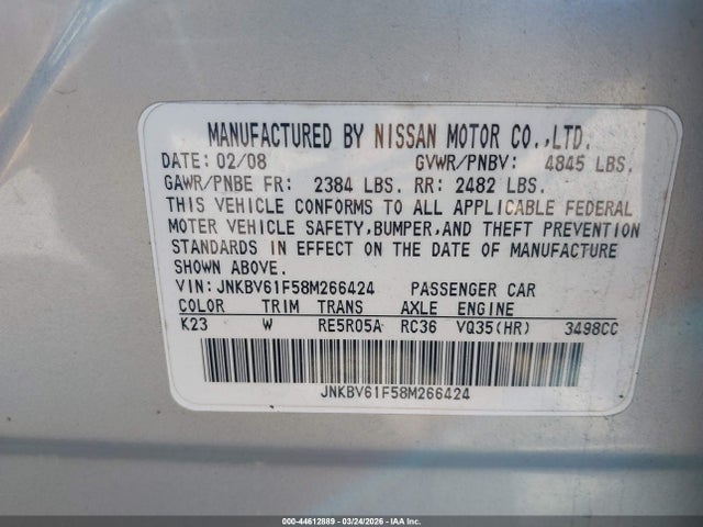 Aukcja sprzedaży 2008 Infiniti G35x, vin: JNKBV61F58M266424, numer aukcji: 44612889