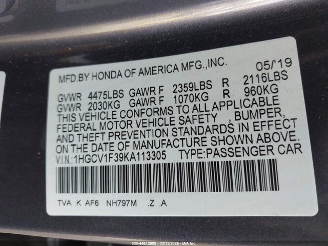 1HGCV1F39KA113305 Honda Accord Sport