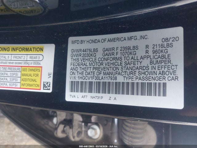 1HGCV1F30LA117938 Honda Accord Sport
