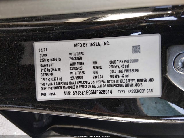 Продаж на аукціоні авто 2021 Tesla Model 3 Performance Dual Motor All-wheel Drive, vin: 5YJ3E1EC6MF926014, номер лоту: 44612908