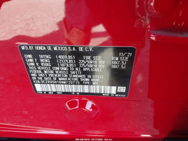 44612916 :رقم المزاد ، 3CZRU5H16NM720715 vin ، 2022 Honda Hr-v 2wd Sport مزاد بيع