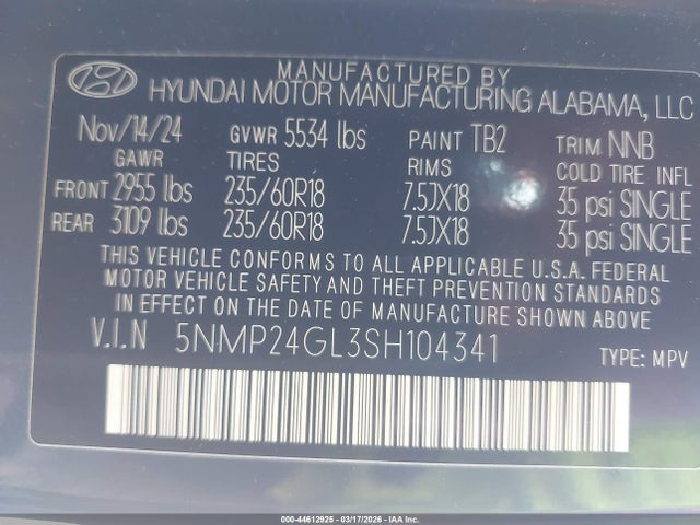 5NMP24GL3SH104341 Hyundai Santa Fe Sel