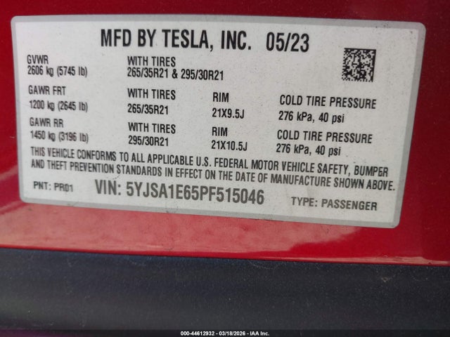2023 Tesla Model S Plaid Tri Motor All-wheel Drive მანქანა იყიდება აუქციონზე, vin: 5YJSA1E65PF515046, აუქციონის ნომერი: 44612932