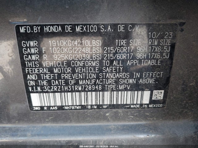 2024 Honda Hr-v 2wd Lx მანქანა იყიდება აუქციონზე, vin: 3CZRZ1H31RM728948, აუქციონის ნომერი: 44612951