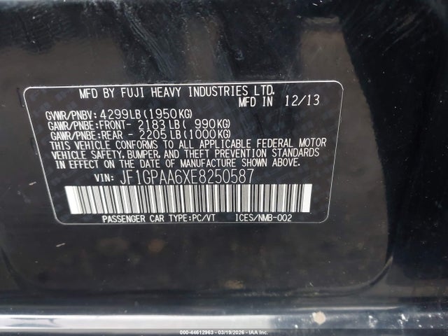 44612963 :رقم المزاد ، JF1GPAA6XE8250587 vin ، 2014 Subaru Impreza 2.0i مزاد بيع