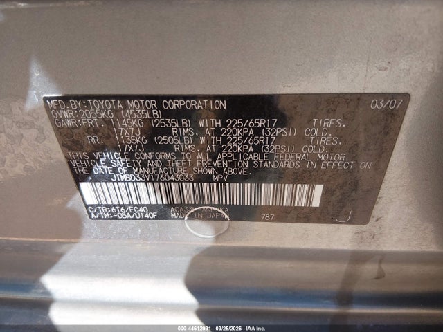 Aukcja sprzedaży 2007 Toyota Rav4, vin: JTMBD33V176043033, numer aukcji: 44612991