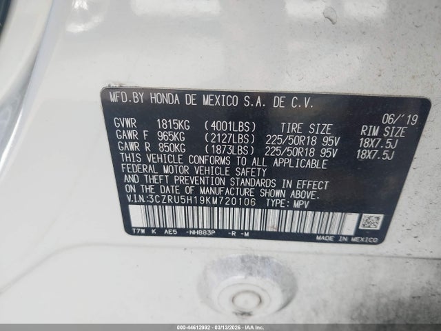 2019 Honda Hr-v Sport მანქანა იყიდება აუქციონზე, vin: 3CZRU5H19KM720106, აუქციონის ნომერი: 44612992