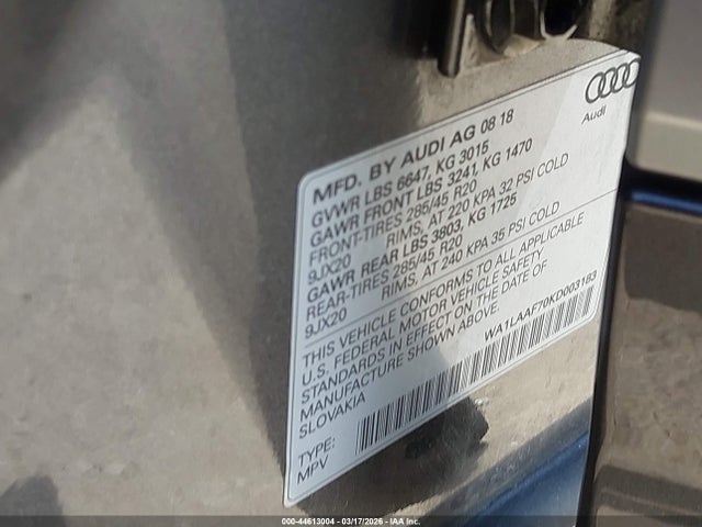 44613004 :رقم المزاد ، WA1LAAF70KD003183 vin ، 2019 Audi Q7 55 Premium/55 Se Premium مزاد بيع