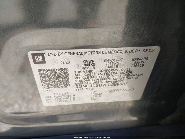 Продаж на аукціоні авто 2020 Chevrolet Trax Fwd Lt, vin: 3GNCJLSB7LL269007, номер лоту: 44613008