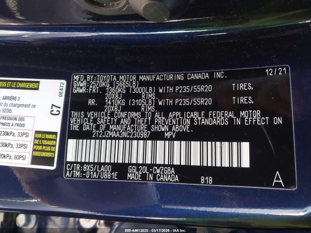 44613020 :رقم المزاد ، 2T2JZMAA3NC230987 vin ، 2022 Lexus Rx 350 مزاد بيع