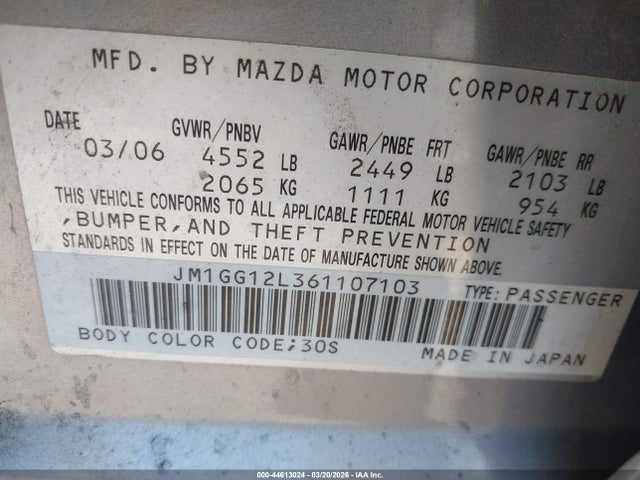 44613024 :رقم المزاد ، JM1GG12L361107103 vin ، 2006 Mazda Mazdaspeed6 Sport مزاد بيع