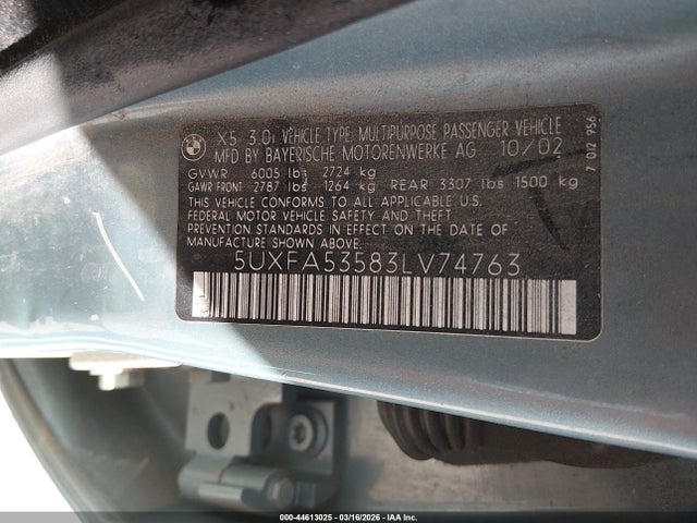 44613025 :رقم المزاد ، 5UXFA53583LV74763 vin ، 2003 Bmw X5 3.0i مزاد بيع