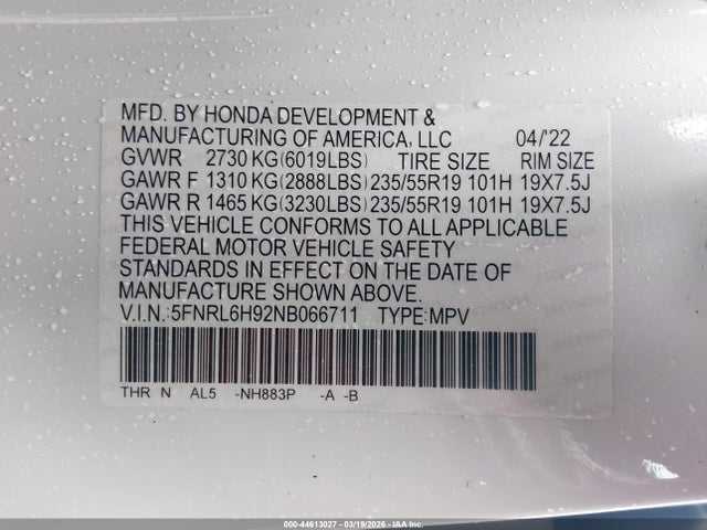 5FNRL6H92NB066711 Honda Odyssey Elite