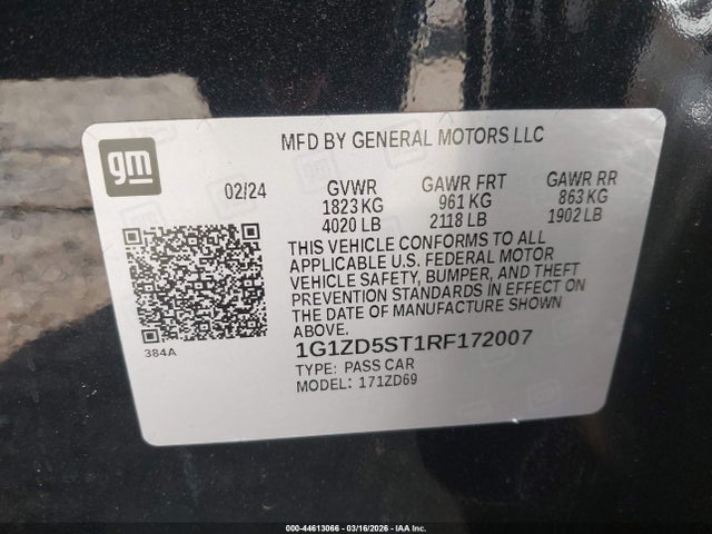 Auction sale of the 2024 Chevrolet Malibu Fwd 1lt, vin: 1G1ZD5ST1RF172007, lot number: 44613066
