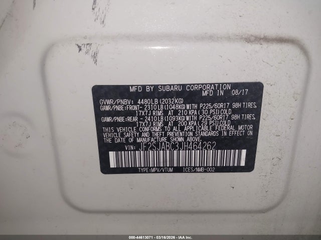 44613071 :رقم المزاد ، JF2SJABC3JH464262 vin ، 2018 Subaru Forester 2.5i مزاد بيع