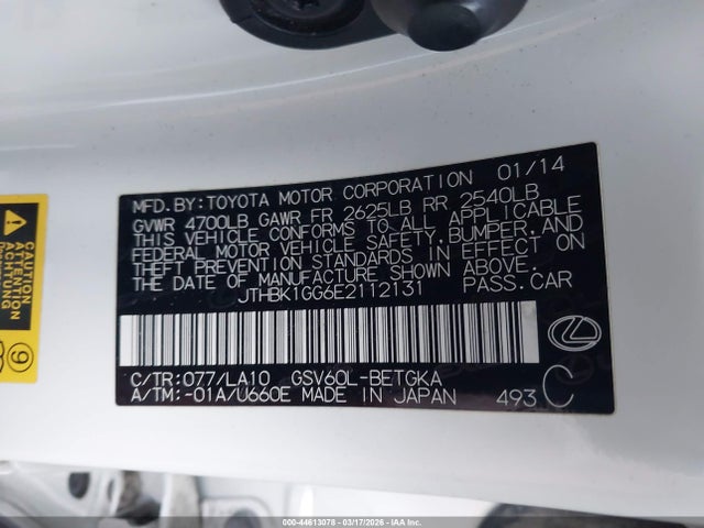 44613078 :رقم المزاد ، JTHBK1GG6E2112131 vin ، 2014 Lexus Es 350 مزاد بيع
