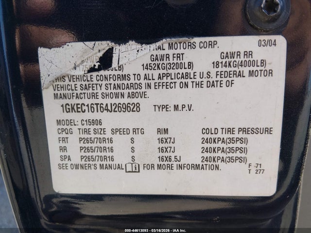 Продаж на аукціоні авто 2004 Gmc Yukon Xl 1500 Sle, vin: 1GKEC16T64J269628, номер лоту: 44613093