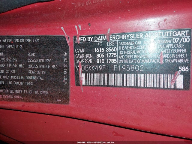 Продаж на аукціоні авто 2001 Mercedes-benz Slk 230 Kompressor, vin: WDBKK49F11F195802, номер лоту: 44613099