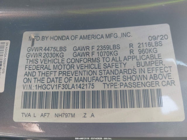 2020 HONDA ACCORD 1HGCV1F30LA142175 Photo 8