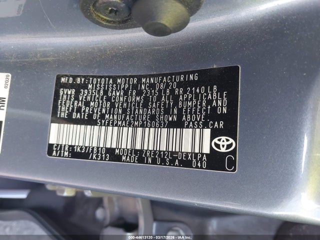 5YFEPMAE2MP160637 Toyota COROLLA LE
