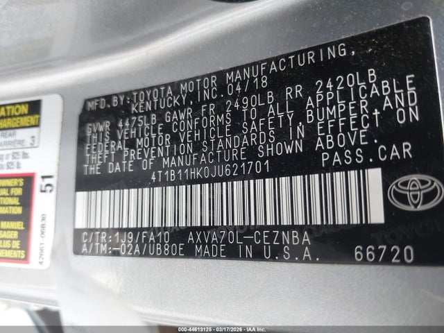 4T1B11HK0JU621701 Toyota CAMRY LE