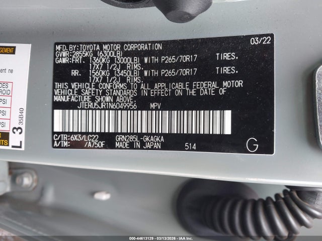 2022 Toyota 4runner Trd Off Road Premium მანქანა იყიდება აუქციონზე, vin: JTERU5JR1N6049956, აუქციონის ნომერი: 44613129