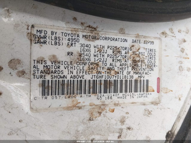 44613132 :رقم المزاد ، JT6HF10U7Y0118138 vin ، 2000 Lexus Rx 300 مزاد بيع