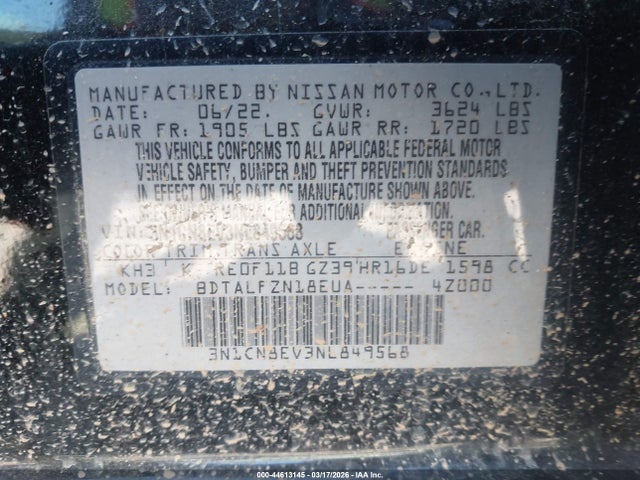 44613145 :رقم المزاد ، 3N1CN8EV3NL849568 vin ، 2022 Nissan Versa 1.6 Sv Xtronic Cvt مزاد بيع