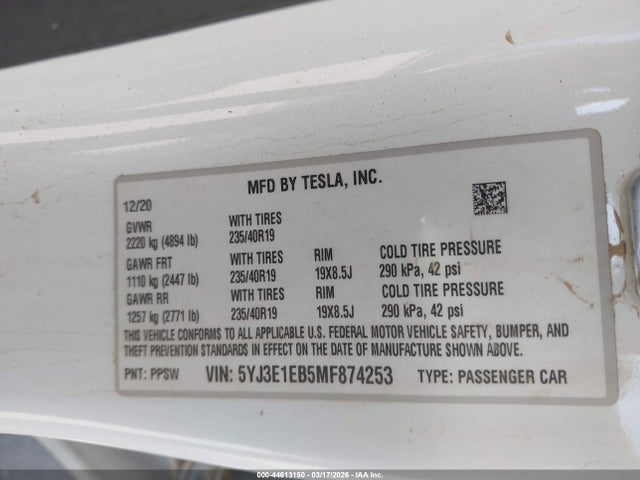 Продаж на аукціоні авто 2021 Tesla Model 3 Long Range Dual Motor All-wheel Drive, vin: 5YJ3E1EB5MF874253, номер лоту: 44613150