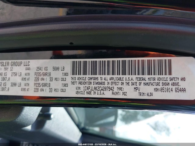 44613169 :رقم المزاد ، 1C4PJLAK2CW207942 vin ، 2012 Jeep Liberty Sport مزاد بيع