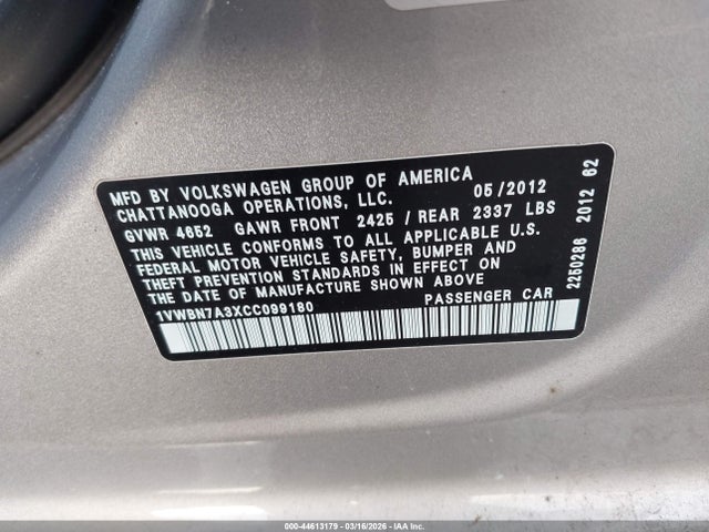 2012 Volkswagen Passat 2.0l Tdi Se მანქანა იყიდება აუქციონზე, vin: 1VWBN7A3XCC099180, აუქციონის ნომერი: 44613179