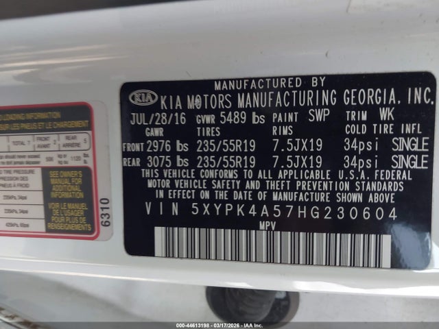 Продажа на аукционе авто 2017 Kia Sorento 3.3l Sx, vin: 5XYPK4A57HG230604, номер лота: 44613198