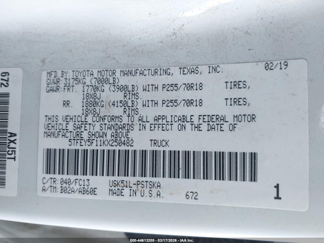 5TFEY5F11KX250482 Toyota Tundra Sr5 5.7l V8