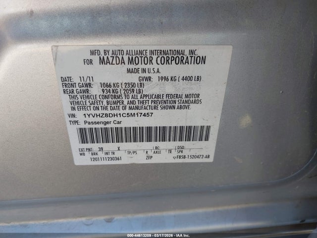 44613209 :رقم المزاد ، 1YVHZ8DH1C5M17457 vin ، 2012 Mazda Mazda6 I Touring مزاد بيع