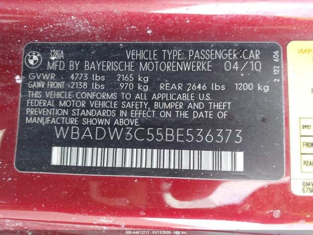 44613212 :رقم المزاد ، WBADW3C55BE536373 vin ، 2011 Bmw 328i مزاد بيع