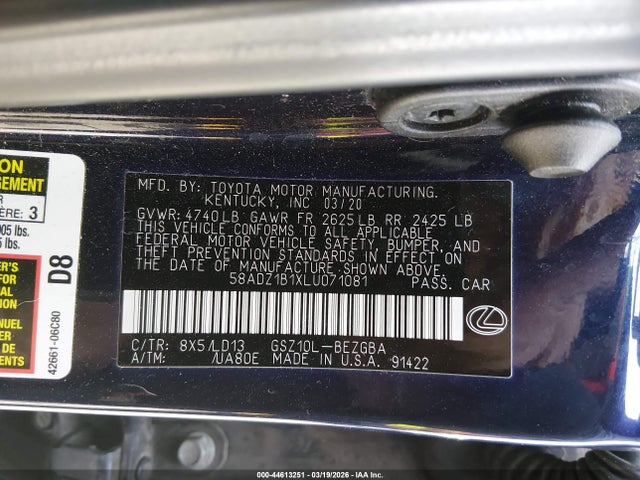 Продаж на аукціоні авто 2020 Lexus Es 350, vin: 58ADZ1B1XLU071081, номер лоту: 44613251