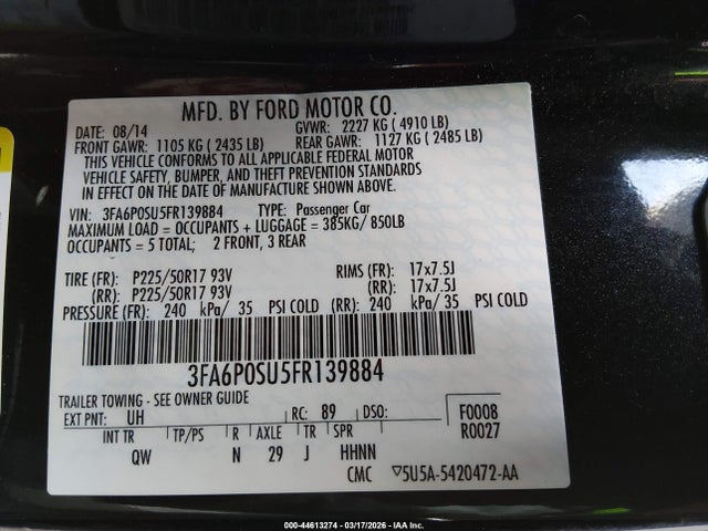 Aukcja sprzedaży 2015 Ford Fusion Energi Titanium, vin: 3FA6P0SU5FR139884, numer aukcji: 44613274