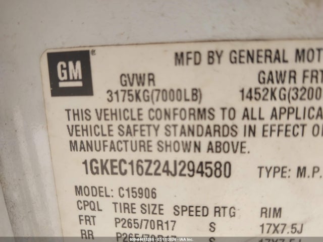 Aukcja sprzedaży 2004 Gmc Yukon Xl 1500 Slt, vin: 1GKEC16Z24J294580, numer aukcji: 44613285