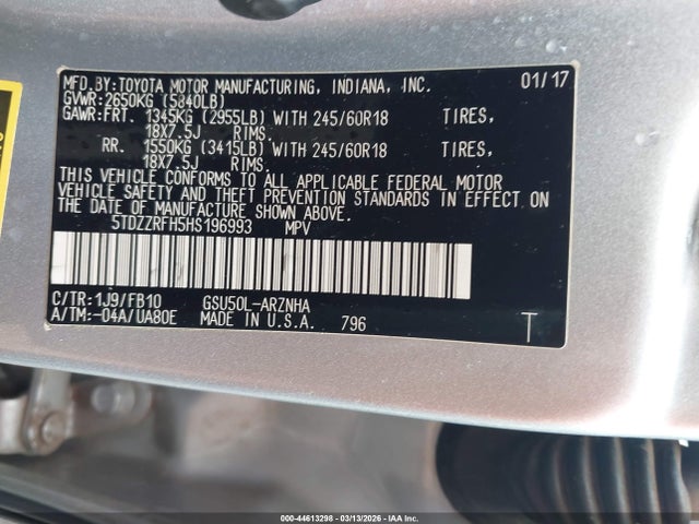 Toyota Highlander Le 2017 5TDZZRFH5HS196993 Image 9