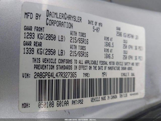 44613316 :رقم المزاد ، 2A8GP64L47R327365 vin ، 2007 Chrysler Town & Country Limited مزاد بيع