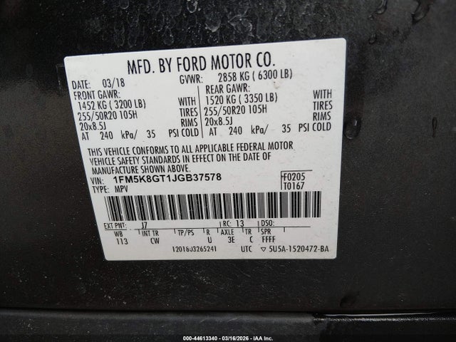 1FM5K8GT1JGB37578 Ford EXPLORER SPORT