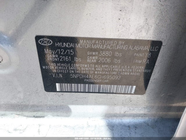 5NPDH4AE6GH695092 Hyundai ELANTRA SE