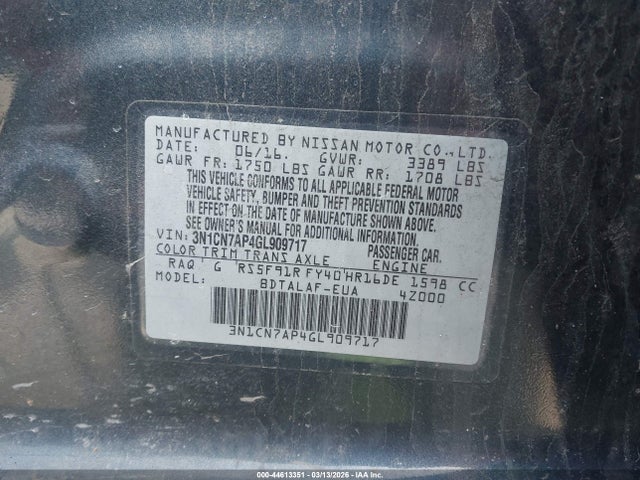 3N1CN7AP4GL909717 Nissan Versa 1.6 S