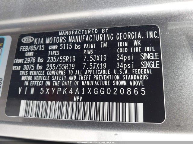 5XYPK4A1XGG020865 KIA Sorento 2.0t Sxl