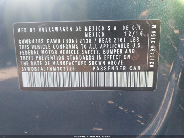 44613419 :رقم المزاد ، 3VWDB7AJ1HM303726 vin ، 2017 Volkswagen Jetta 1.4t Se مزاد بيع