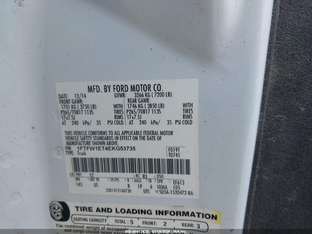 44613425 :رقم المزاد ، 1FTFW1ET4EKG53735 vin ، 2014 Ford F-150 Xl مزاد بيع