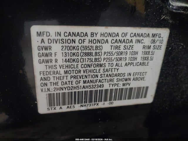 44613440 :رقم المزاد ، 2HNYD2H51AH532349 vin ، 2010 Acura Mdx Advance Package مزاد بيع