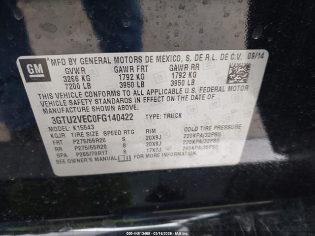 Aukcja sprzedaży 2015 Gmc Sierra 1500 Slt, vin: 3GTU2VEC0FG140422, numer aukcji: 44613468