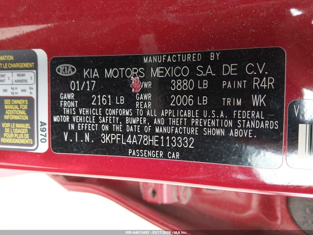 3KPFL4A78HE113332 KIA FORTE S