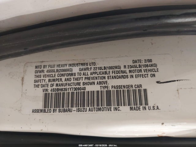 Продаж на аукціоні авто 2000 Subaru Legacy L, vin: 4S3BH6351Y7309040, номер лоту: 44613497